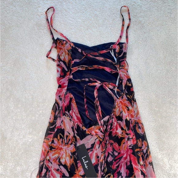 Lulus My Favorite Attention Navy Blue Floral Mesh Lace-Up Midi Dress - Picture 7 of 9